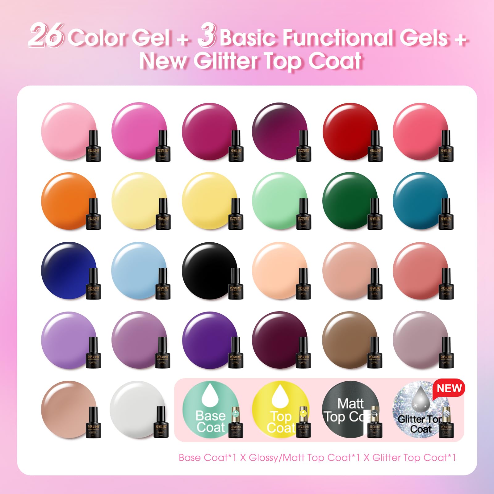 ROSALIND 30pcs Gel Nail Polish Set, 26 Colors Gel Polish with 3Pcs Glossy Matte Glitter Top Coat and Base Coat All Seasons Nude Blue Red Nails art Kit DIY Salon at Home